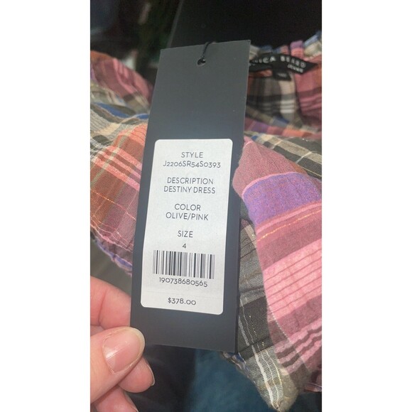 Veronica Beard Women's Destiny Crinkle Plaid Dress size 4 NWT Olive/Pink V-Neck - Picture 7 of 8